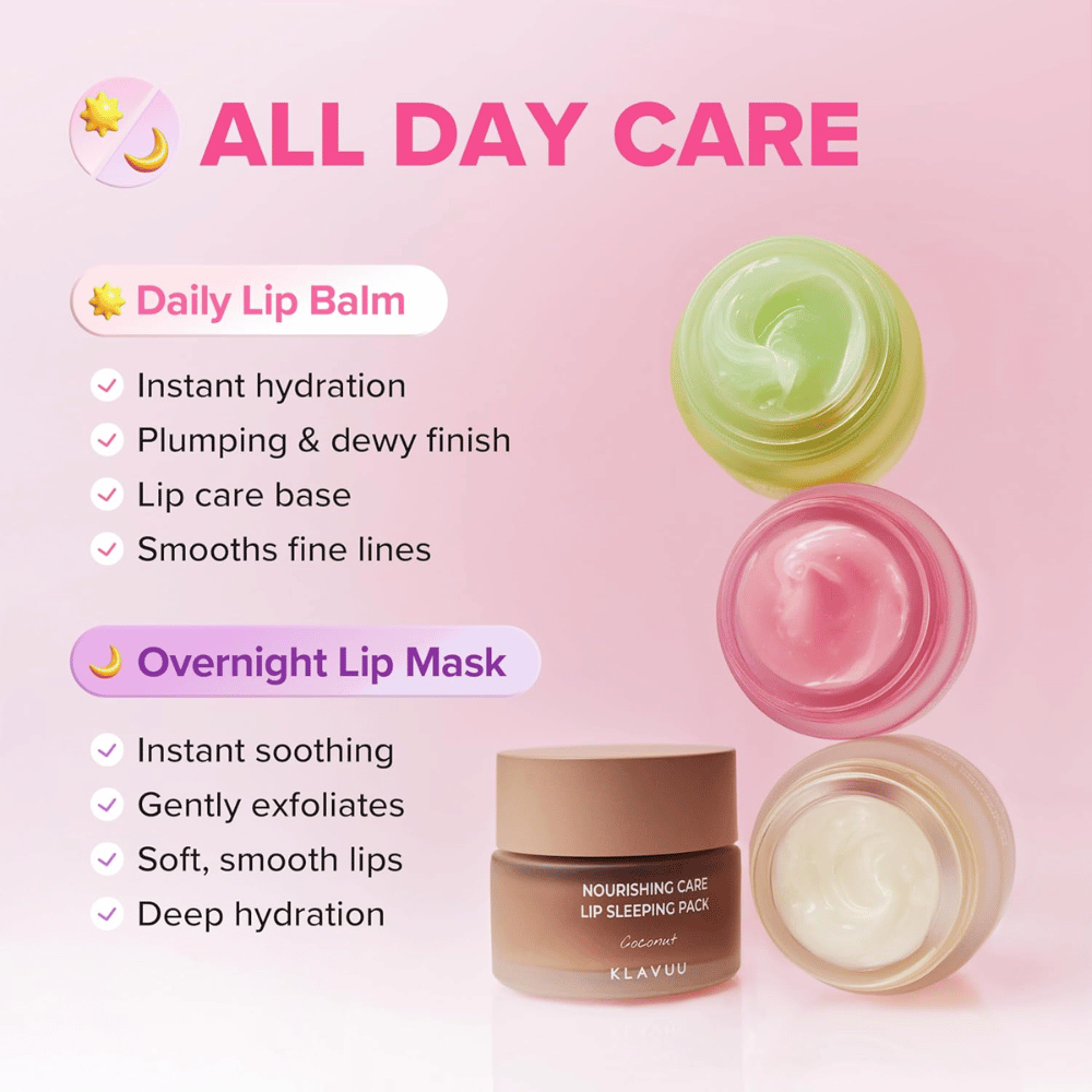 KLAVUU Nourishing Care Lip Sleeping Pack Coconut può essere utilizzato come balsamo labbra di giorno o come maschera labbra intensiva durante la notte per labbra morbide.