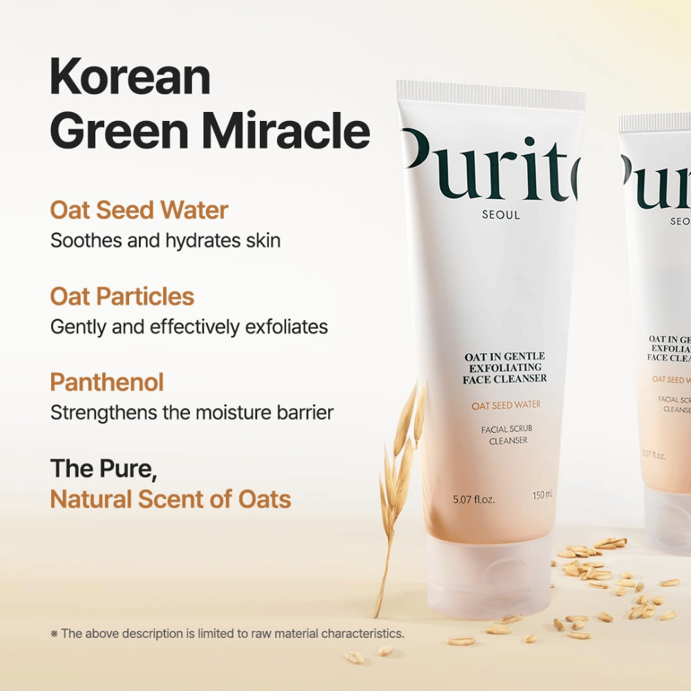 Purito SEOUL detergente esfoliante con acqua di semi di avena e pantenolo – rafforza la barriera cutanea e rimuove delicatamente le cellule morte della pelle