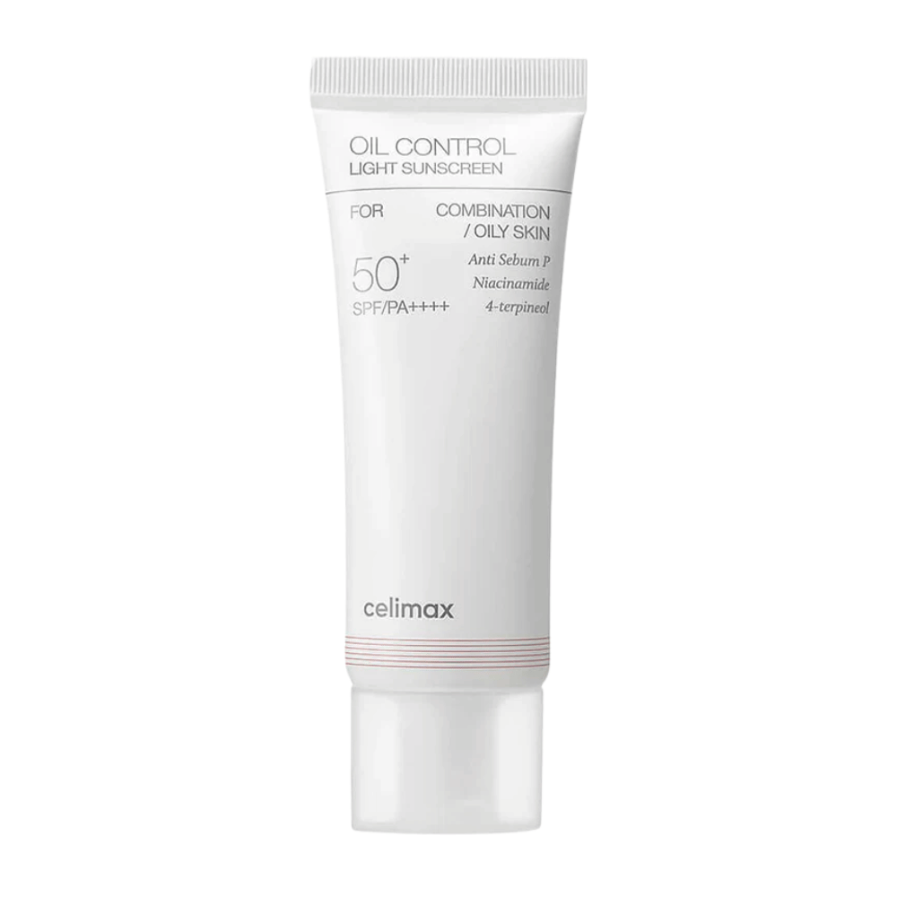Celimax Oil Control Light Sunscreen SPF 50+ PA++++ immagine del prodotto con focus sulla formula e sugli ingredienti come la niacinamide per il controllo del sebo e un tono della pelle più uniforme