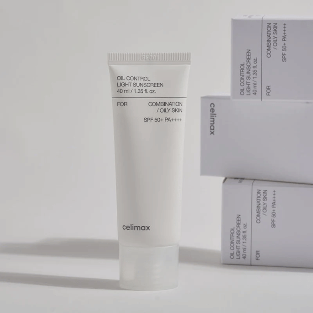 Celimax Oil Control Light Sunscreen SPF 50+ PA++++ in tubo dal design minimalista, protezione solare per pelle mista e grassa che controlla il sebo e dona un finish opaco