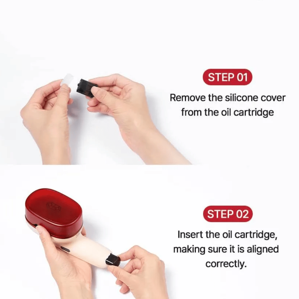 MOEV Cartucce di Olio – guida passo-passo: rimuovere l'involucro in silicone e inserire correttamente la cartuccia d'olio nell'unità di cura dei capelli.