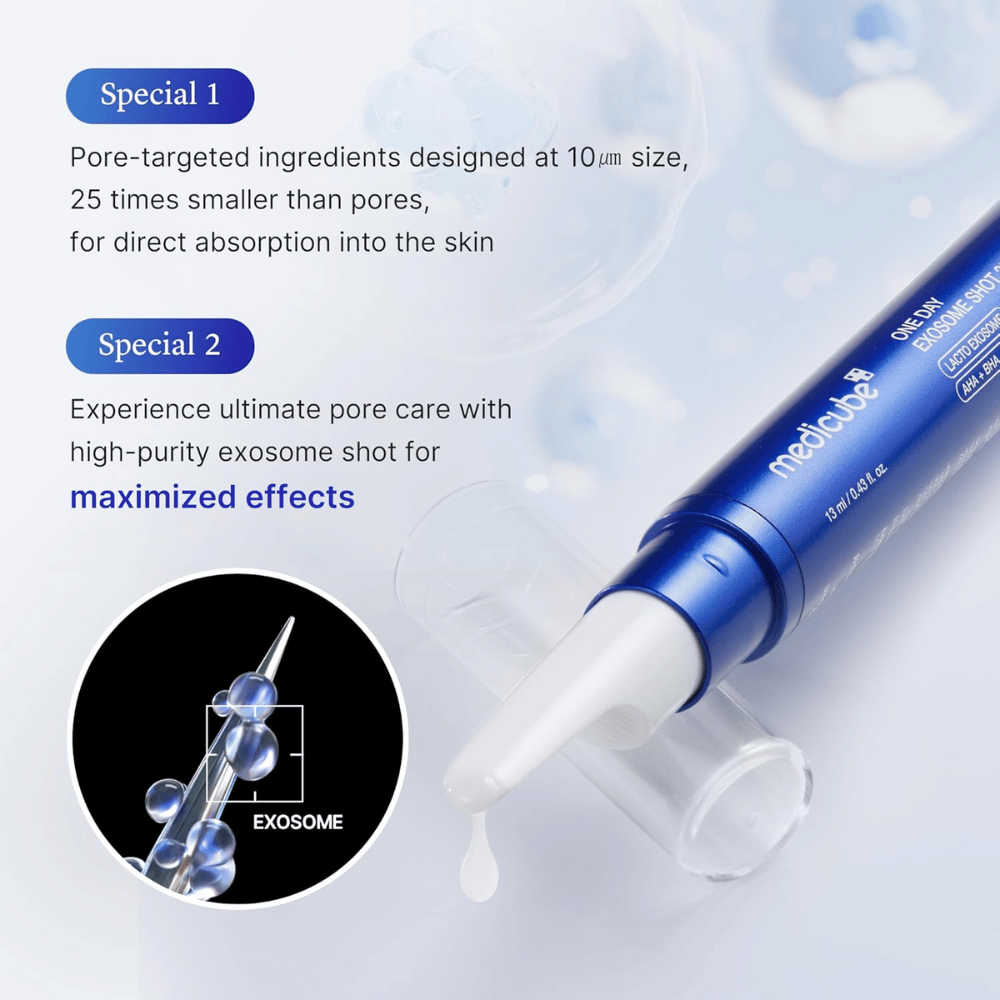Medicube One Day Exosome Shot Pore Ampoule 25000 con esosomi che migliorano l'assorbimento, minimizzano i pori e offrono una cura intensiva della pelle