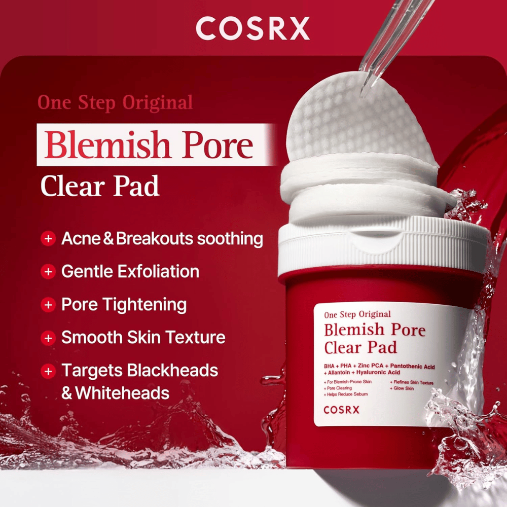 Immagine prodotto di COSRX One Step Original Blemish Pore Clear Pad con focus su esfoliazione, affinamento dei pori e cura della pelle a tendenza acneica.