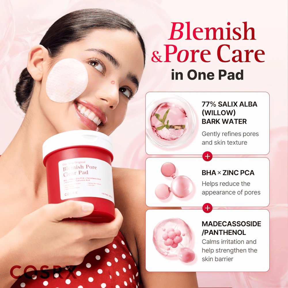 Immagine prodotto con modella e focus sugli ingredienti per COSRX One Step Original Blemish Pore Clear Pad con willow bark water, BHA, Zinc PCA e Madecassoside.