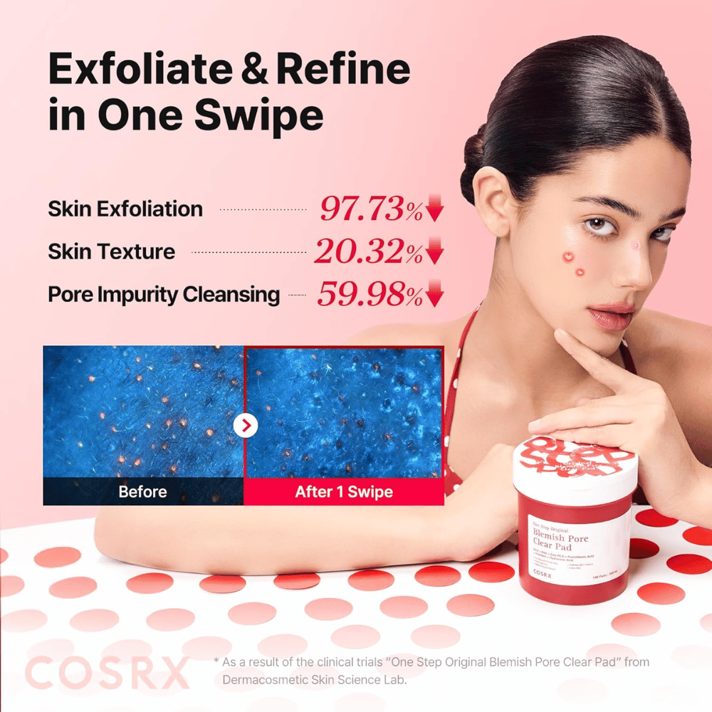 Immagine promozionale per COSRX One Step Original Blemish Pore Clear Pad che mostra l'effetto esfoliante e la pulizia dei pori dopo un solo utilizzo.