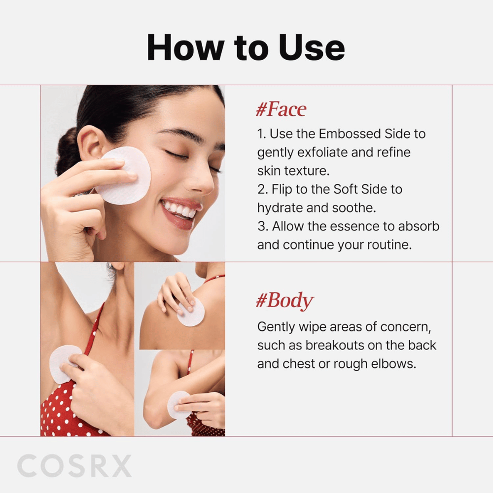 Immagine illustrativa che mostra come usare COSRX One Step Original Blemish Pore Clear Pad sul viso e sul corpo per esfoliazione e cura.