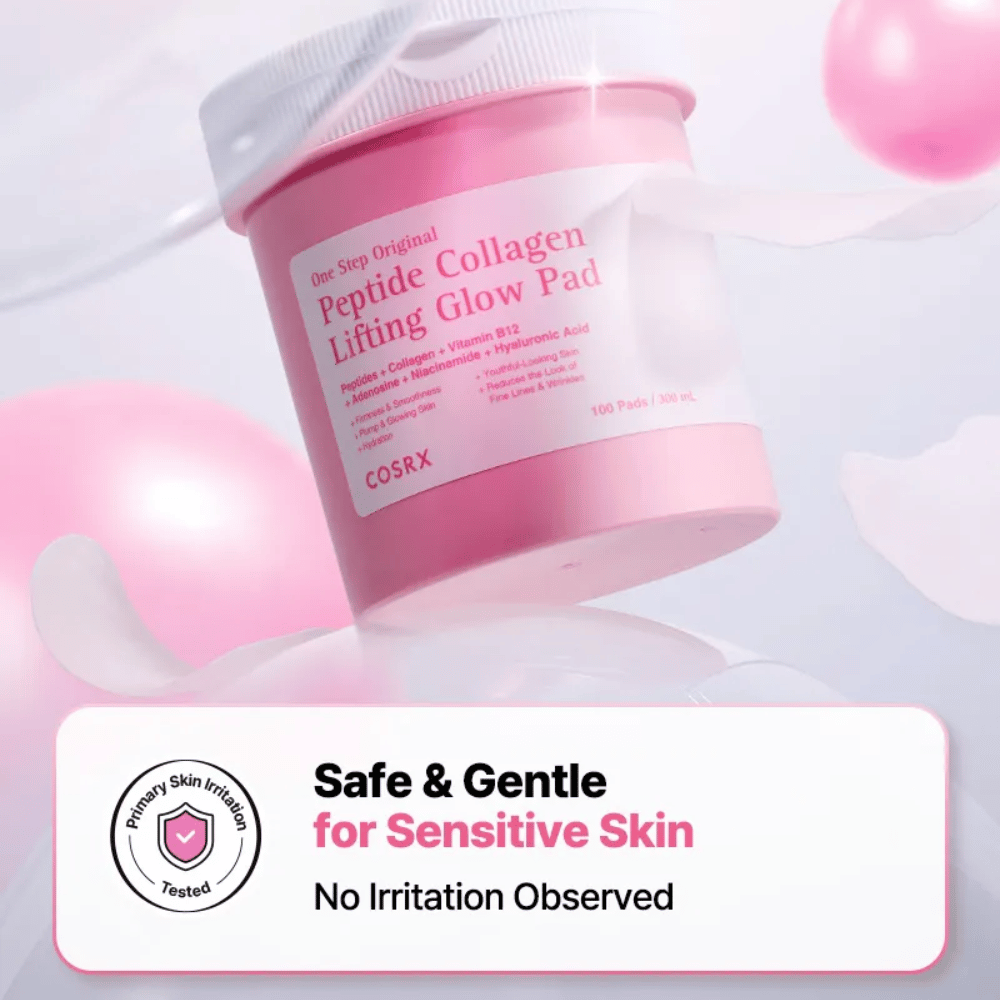 Immagine prodotto di COSRX One Step Original Peptide Collagen Lifting Glow Pad con messaggio su formula delicata per pelli sensibili e bassa irritazione testata.