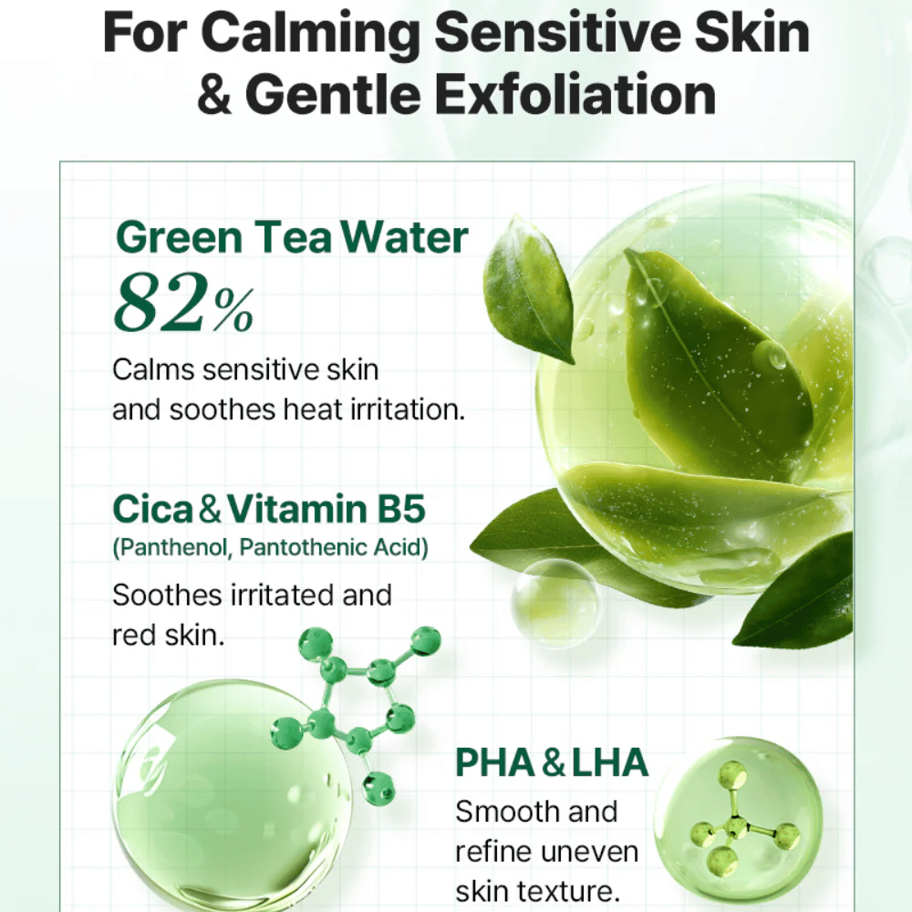 Immagine informativa per COSRX One Step Original Clear Skin Calming Pad con acqua di tè verde, Cica, vitamina B5 ed esfoliazione delicata con PHA e LHA.