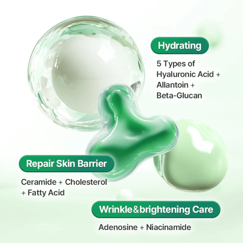 Immagine illustrativa che mostra gli ingredienti e i benefici per la pelle di COSRX One Step Original Clear Skin Calming Pad, inclusi acido ialuronico, ceramidi e niacinamide.