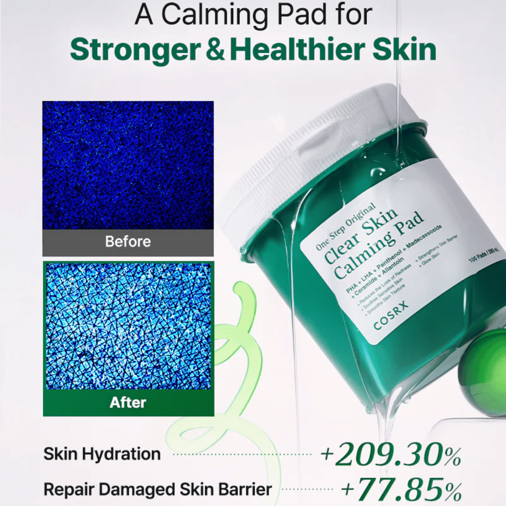 Immagine promozionale per COSRX One Step Original Clear Skin Calming Pad che mostra un'idratazione migliorata e una barriera cutanea rafforzata dopo l'uso.
