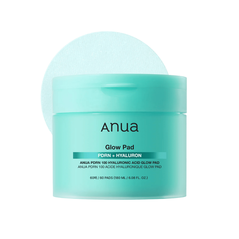 Anua PDRN 100 Hyaluronic Acid Glow Pad in confezione turchese con pad sollevato – idratante dischetti tonici per idratazione quotidiana e luminosità.