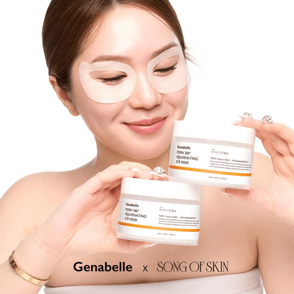 Genabelle PDRN 360° Rejuvenating Eye Mask applicata su tutta la zona del contorno occhi per idratazione, maggiore elasticità e uno sguardo più fresco.