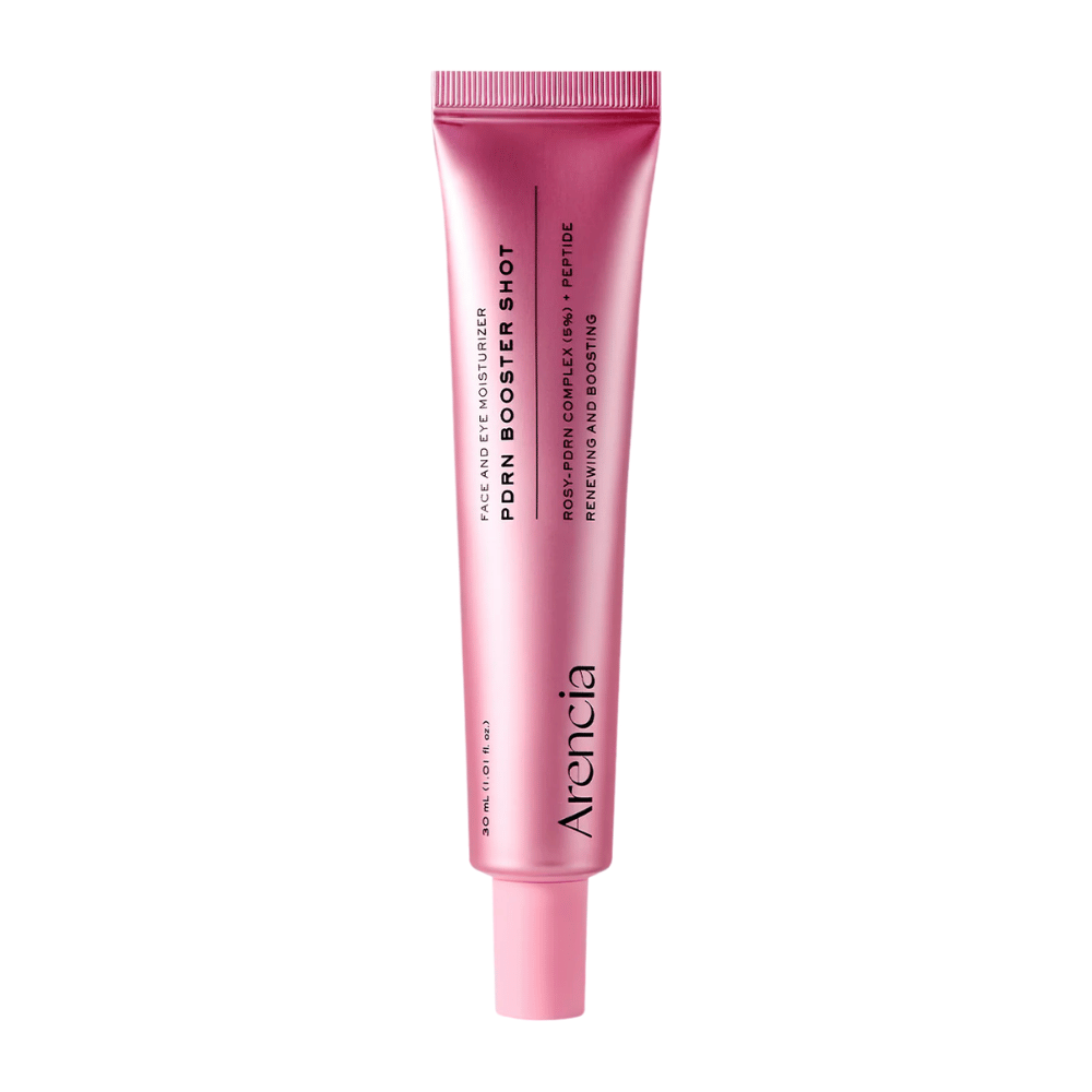 Immagine pulita del prodotto Arencia PDRN Booster Shot con packaging rosa minimalista e focus sulla skincare idratante, rigenerante e illuminante.