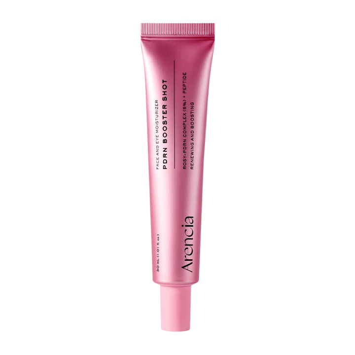 Immagine pulita del prodotto Arencia PDRN Booster Shot con packaging rosa minimalista e focus sulla skincare idratante, rigenerante e illuminante.