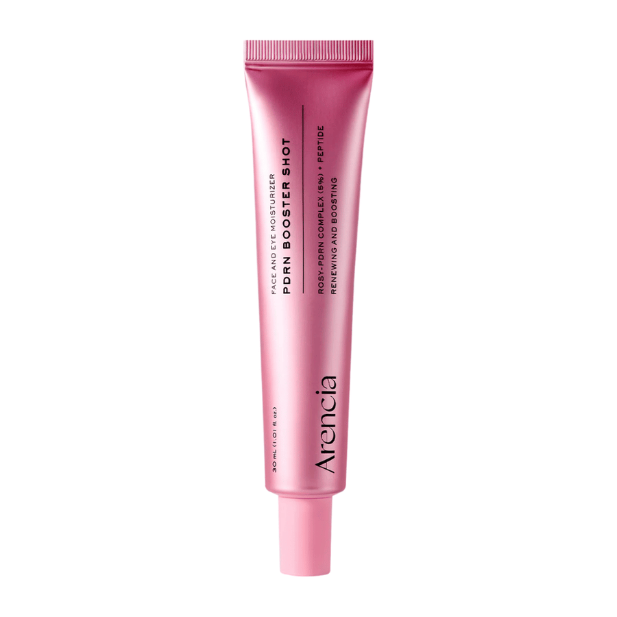 Immagine pulita del prodotto Arencia PDRN Booster Shot con packaging rosa minimalista e focus sulla skincare idratante, rigenerante e illuminante.