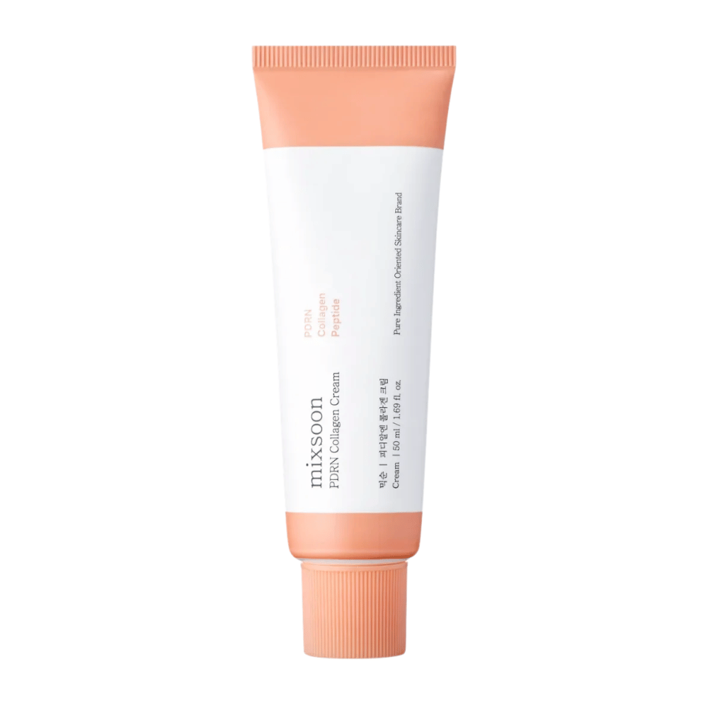 Mixsoon PDRN Collagen Cream in tubo bianco e color pesca, 50 ml. Una crema idratante e rinforzante del collagene per una pelle liscia e giovane.