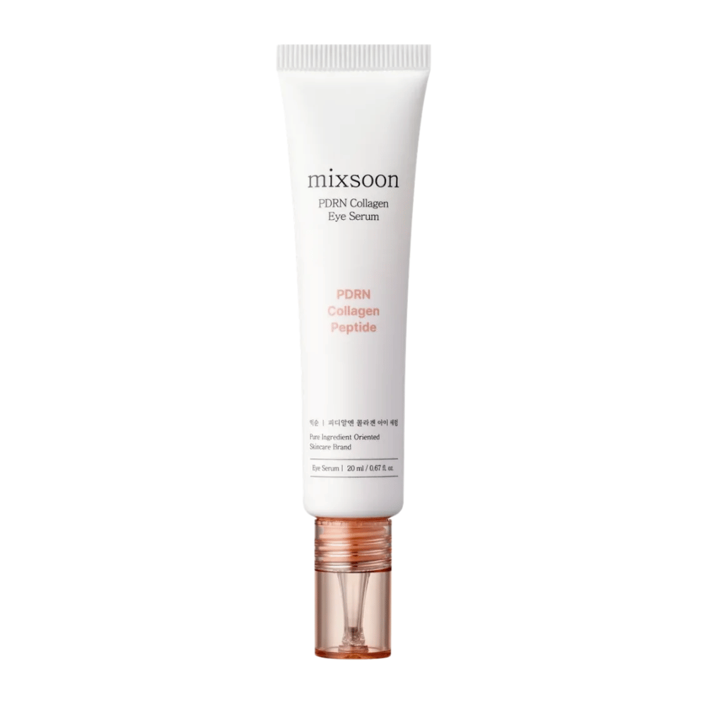 Mixsoon PDRN Collagen Eye Serum in tubo bianco e color pesca con applicatore trasparente. Un siero occhi idratante e rassodante, 20 ml.