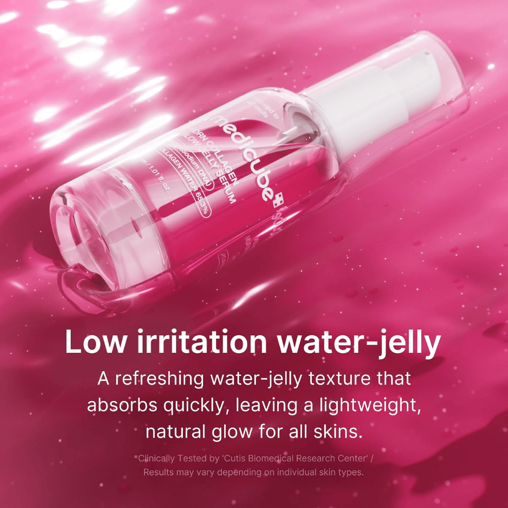 Medicube PDRN Collagen Glow Jelly Serum con texture leggera in gel acquoso che si assorbe rapidamente e dona luminosità