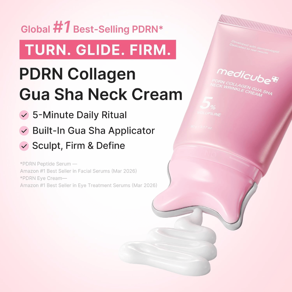 5. Medicube PDRN Collagen Gua Sha Neck Wrinkle Cream – crema rosa per il collo con applicatore gua sha e consistenza cremosa