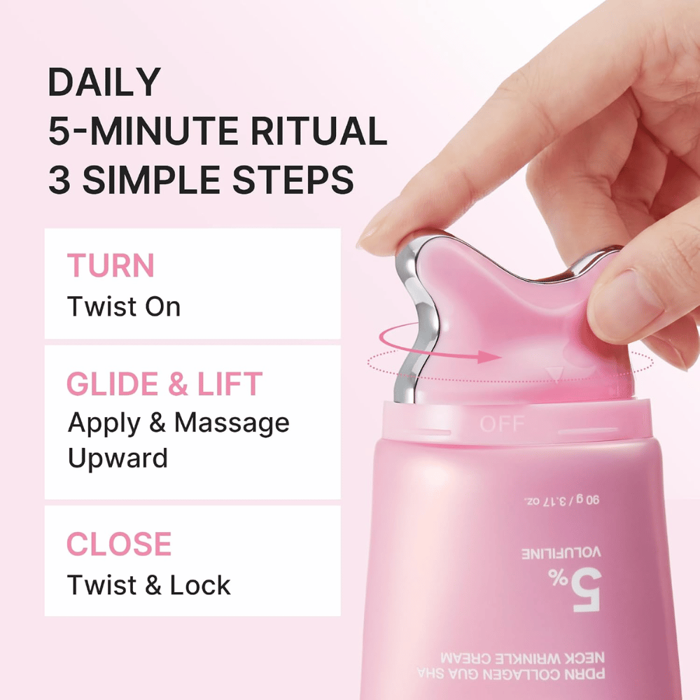 1. Medicube PDRN Collagen Gua Sha Neck Wrinkle Cream – applicazione e massaggio in tre semplici passaggi