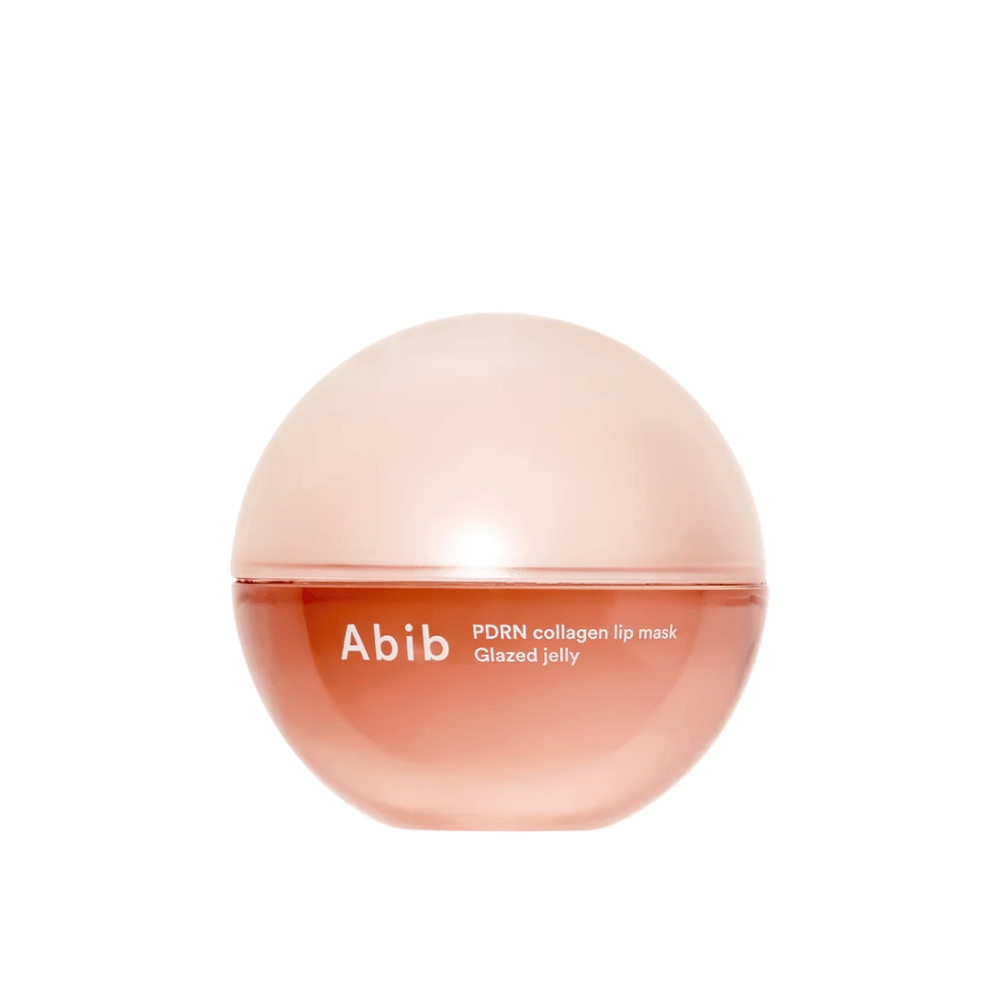 Barattolo rotondo rosa con il testo "Abib PDRN Collagen Lip Mask Glazed Jelly" sulla parte anteriore, fotografato su sfondo bianco.