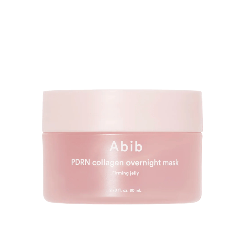 Immagine prodotto minimalista di Abib PDRN Collagen Overnight Mask in barattolo rosa, con focus sul design e sul nome del prodotto su sfondo chiaro.