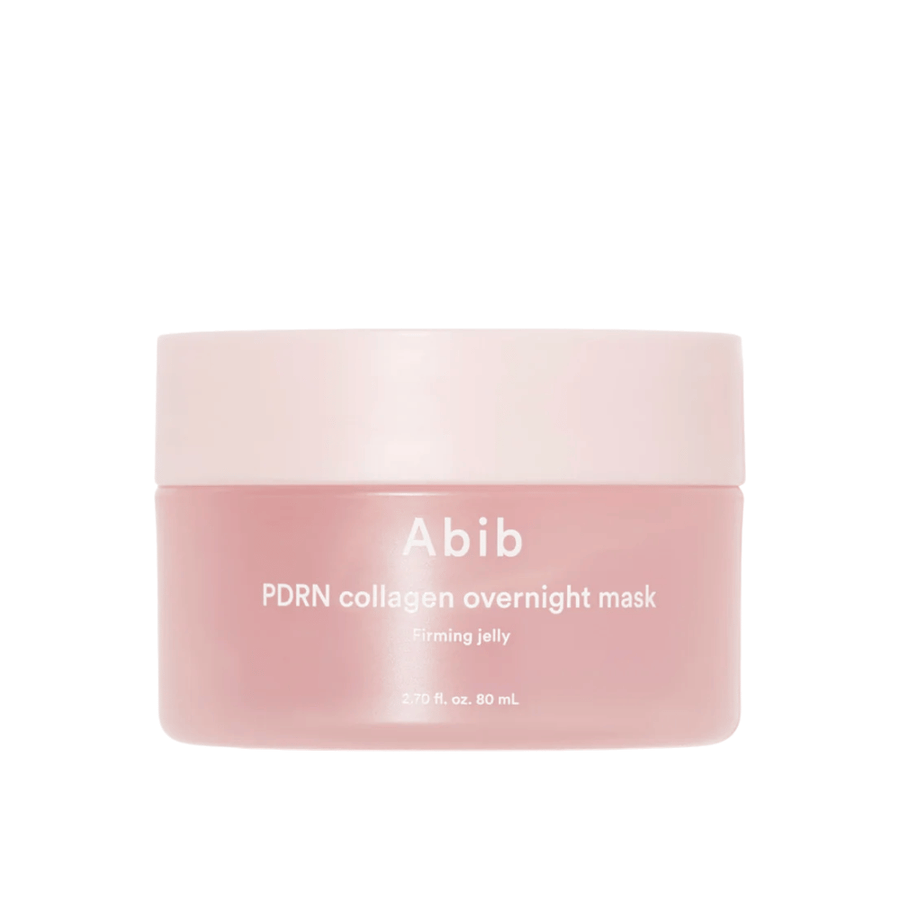 Immagine prodotto minimalista di Abib PDRN Collagen Overnight Mask in barattolo rosa, con focus sul design e sul nome del prodotto su sfondo chiaro.