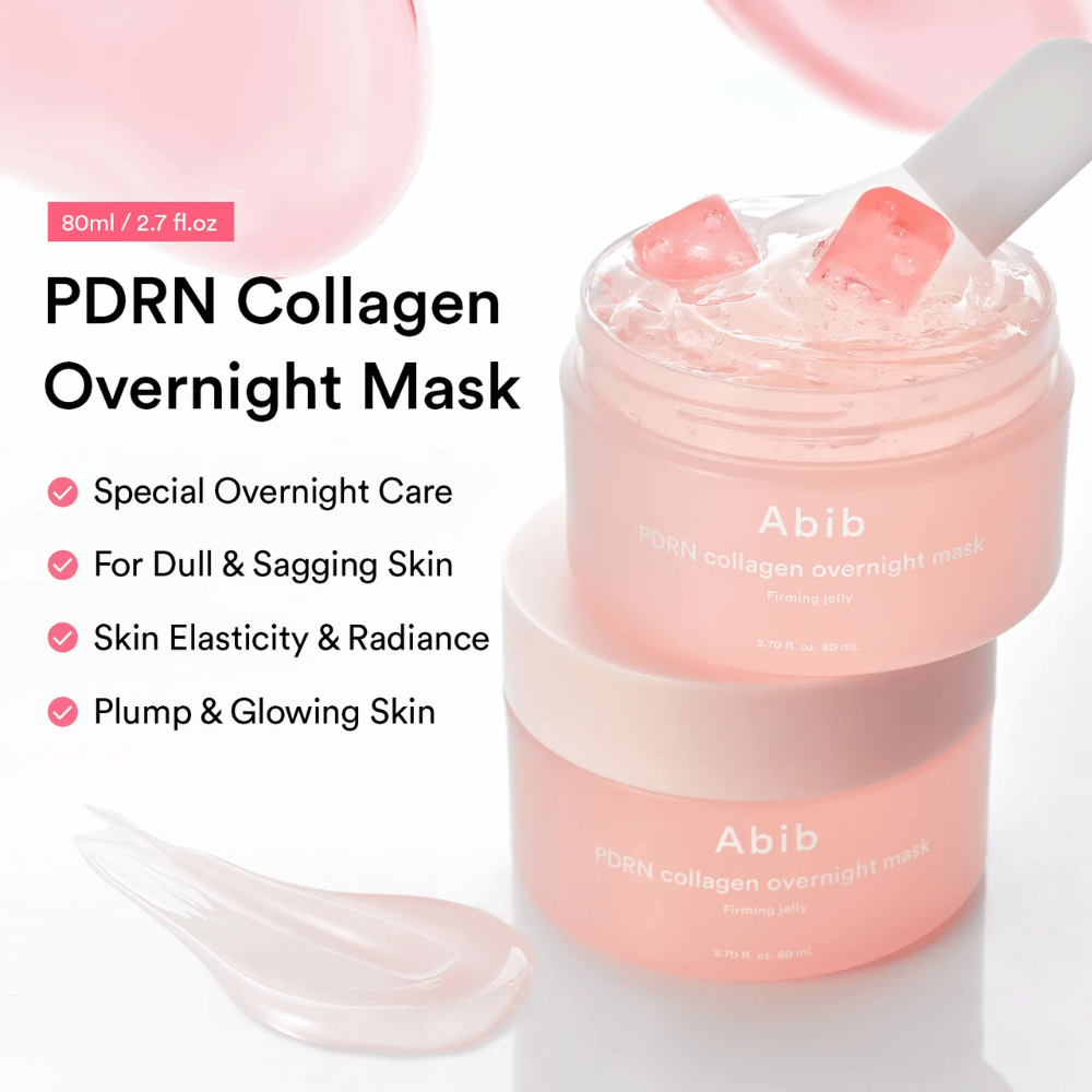 Immagine prodotto di Abib PDRN Collagen Overnight Mask con texture in gel rosa e spatola in silicone che evidenziano le proprietà idratanti e illuminanti della maschera notte.