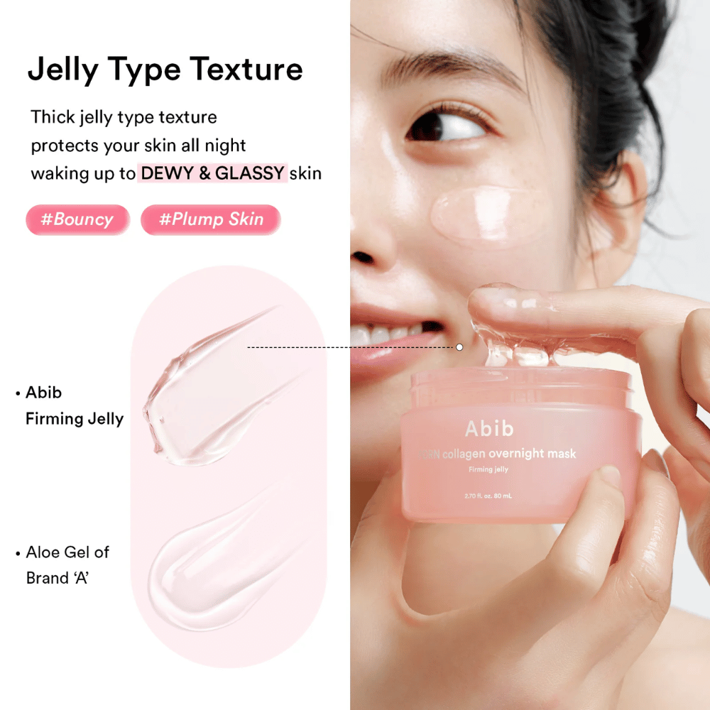 Primo piano della consistenza gelatinosa di Abib PDRN Collagen Overnight Mask che mostra una texture ricca e lucente studiata per una pelle idratata e dall’aspetto rugiadoso.