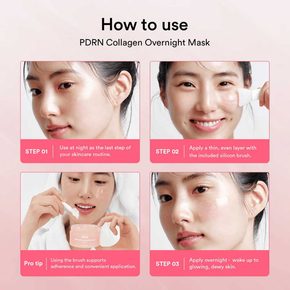 Guida passo passo che mostra come Abib PDRN Collagen Overnight Mask venga utilizzata come ultimo passaggio della routine serale con la spatola in silicone inclusa per un’applicazione uniforme durante la notte.