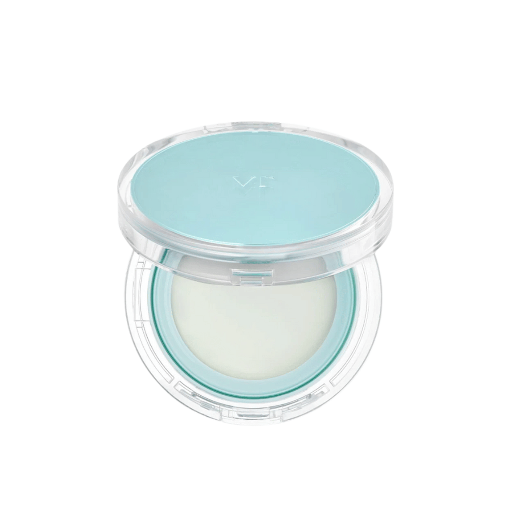 Barattolo aperto con VT PDRN Essence Glow Sun Pact. Ha una superficie interna bianca con un coperchio blu, progettato per dare un risultato radioso sulla pelle.