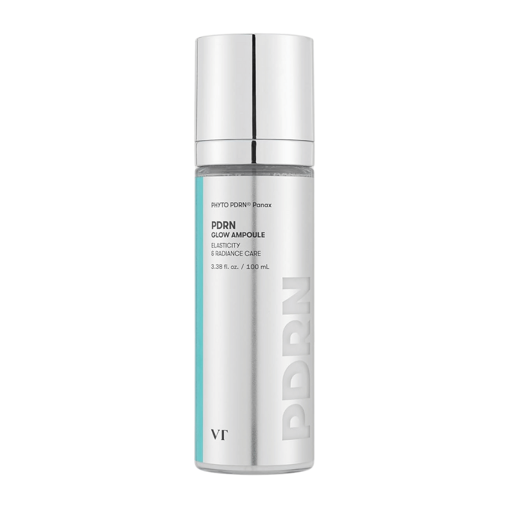 VT PDRN Glow Ampoule in una bottiglia argentata con pompa, etichettatura che indica un contenuto di 100 ml. Il prodotto è progettato per elasticità e pelle radiosa, con il testo "PHYTO PDRN® Panax" e "Elasticity & Radiance Care".