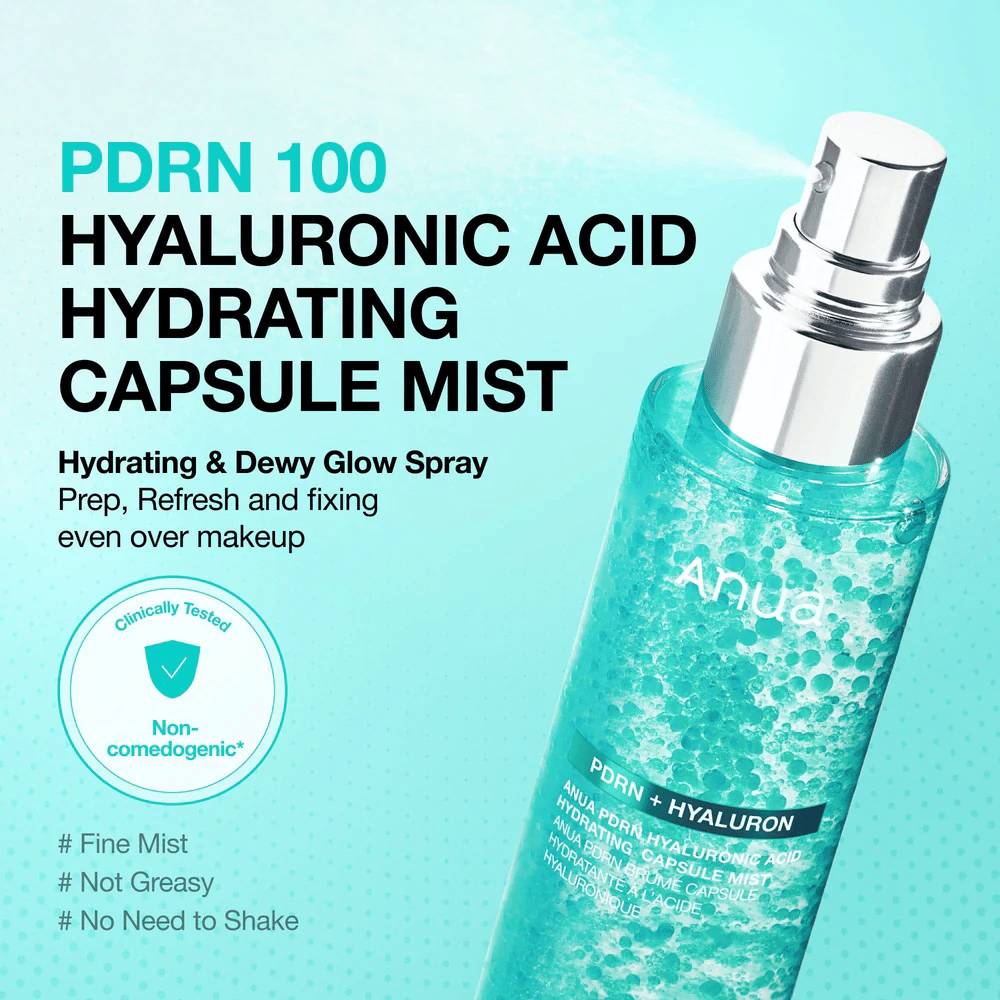Immagine del prodotto con la funzione spray in primo piano. Il testo descrive il prodotto come una mist idratante che dona glow, può essere usata sopra il trucco e non risulta grassa.