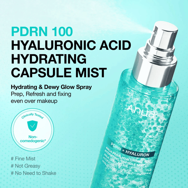 Immagine del prodotto con la funzione spray in primo piano. Il testo descrive il prodotto come una mist idratante che dona glow, può essere usata sopra il trucco e non risulta grassa.