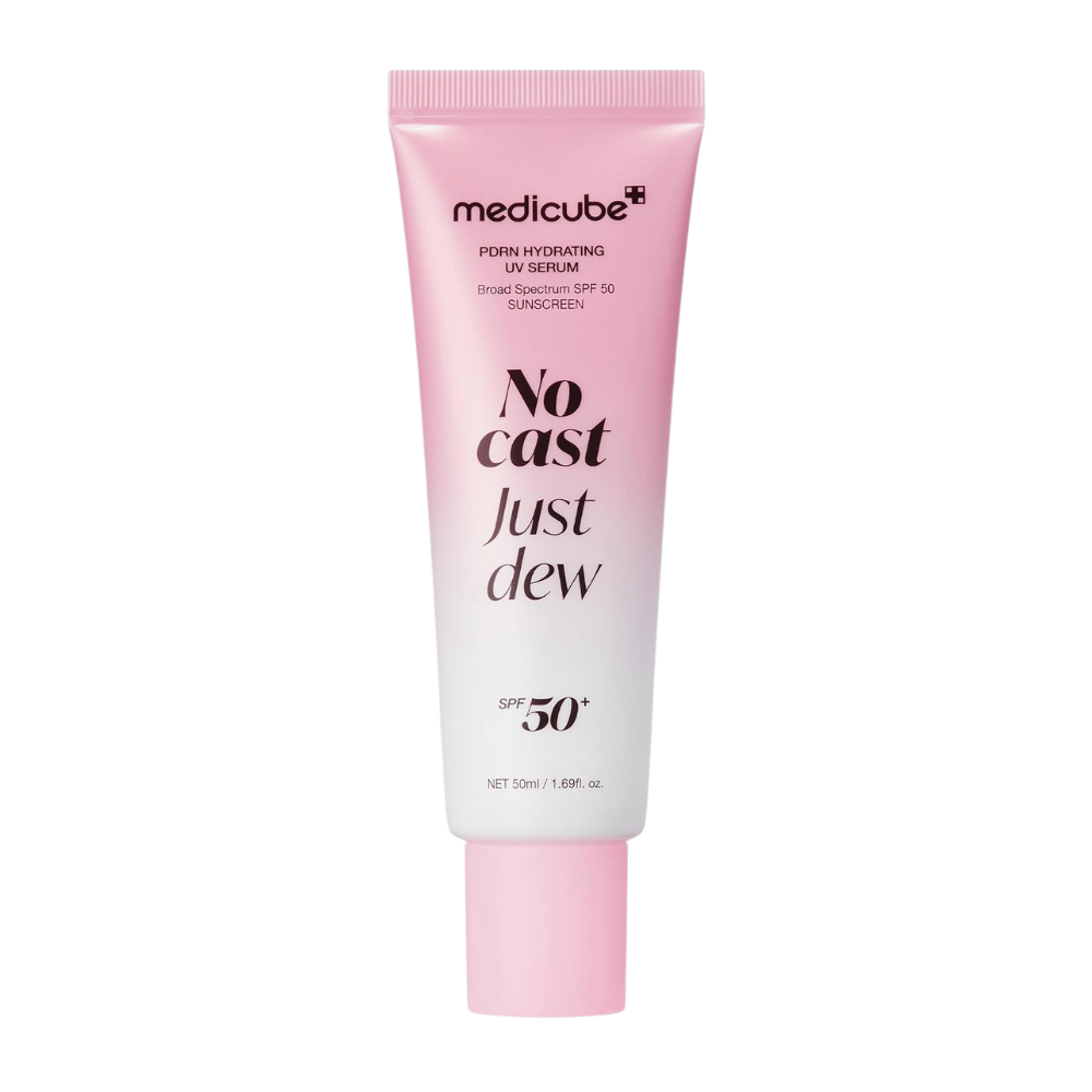 6. Medicube PDRN Hydrating UV Serum SPF 50+ 50 ml – tubo rosa e bianco con protezione solare idratante per il viso