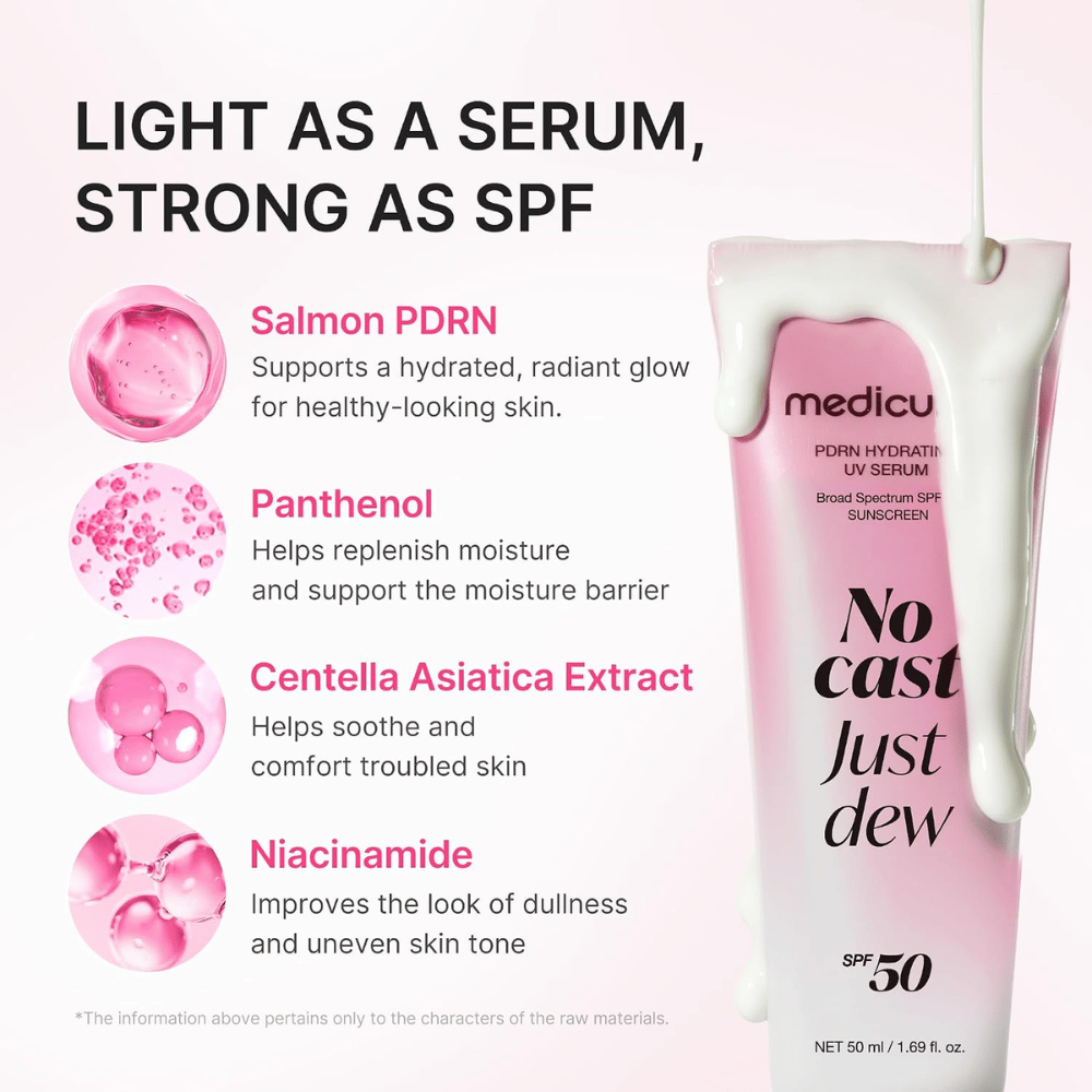 4. Medicube PDRN Hydrating UV Serum SPF 50+ – protezione solare con PDRN, pantenolo, centella asiatica e niacinamide
