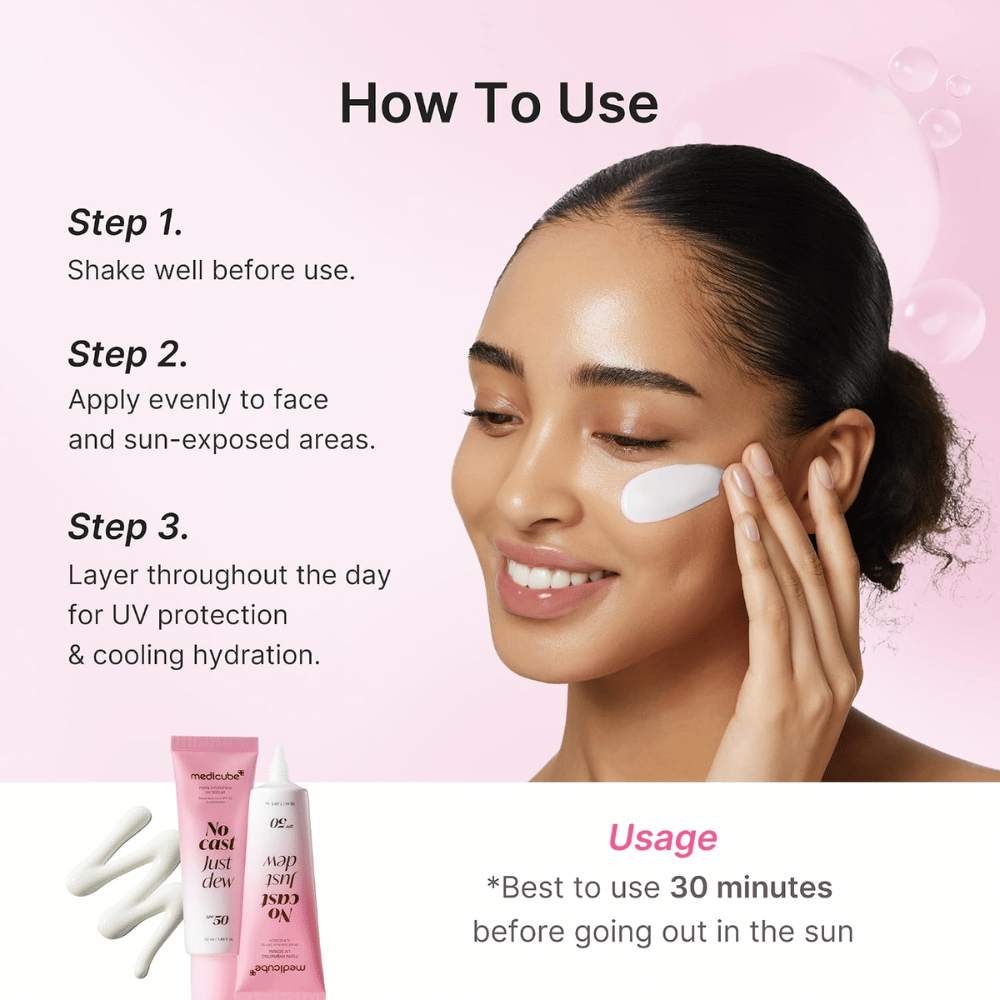 1. Medicube PDRN Hydrating UV Serum SPF 50+ – applicazione della protezione solare idratante sul viso con istruzioni per l'uso