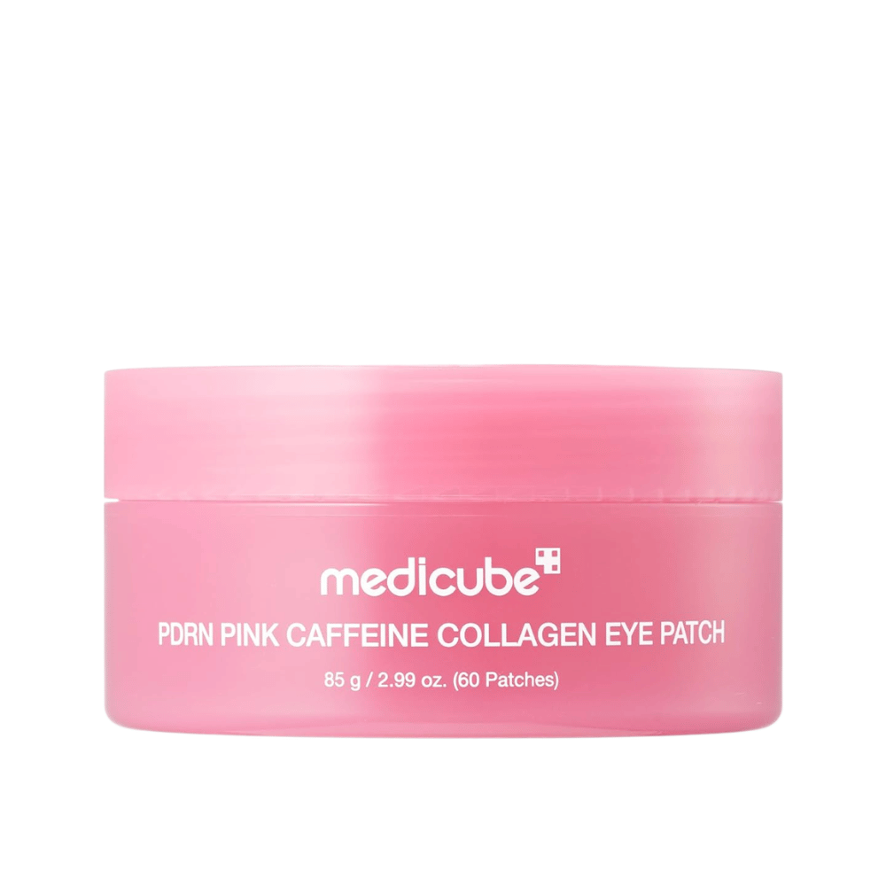 5. Medicube PDRN Pink Caffeine Collagen Eye Patch 60 pz – barattolo rosa con patch occhi in idrogel idratanti su sfondo bianco