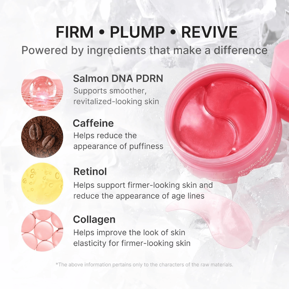 3. Medicube PDRN Pink Caffeine Collagen Eye Patch – con PDRN, caffeina, retinolo e collagene per una pelle più tonica e meno gonfiore