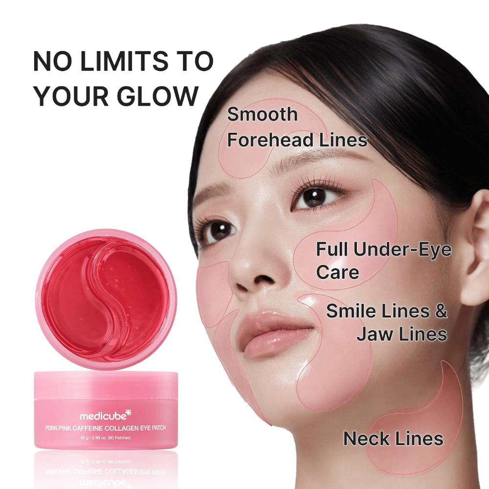 1. Medicube PDRN Pink Caffeine Collagen Eye Patch – maschere in idrogel per linee sottili intorno agli occhi, sulla fronte, sulla linea della mascella e sul collo