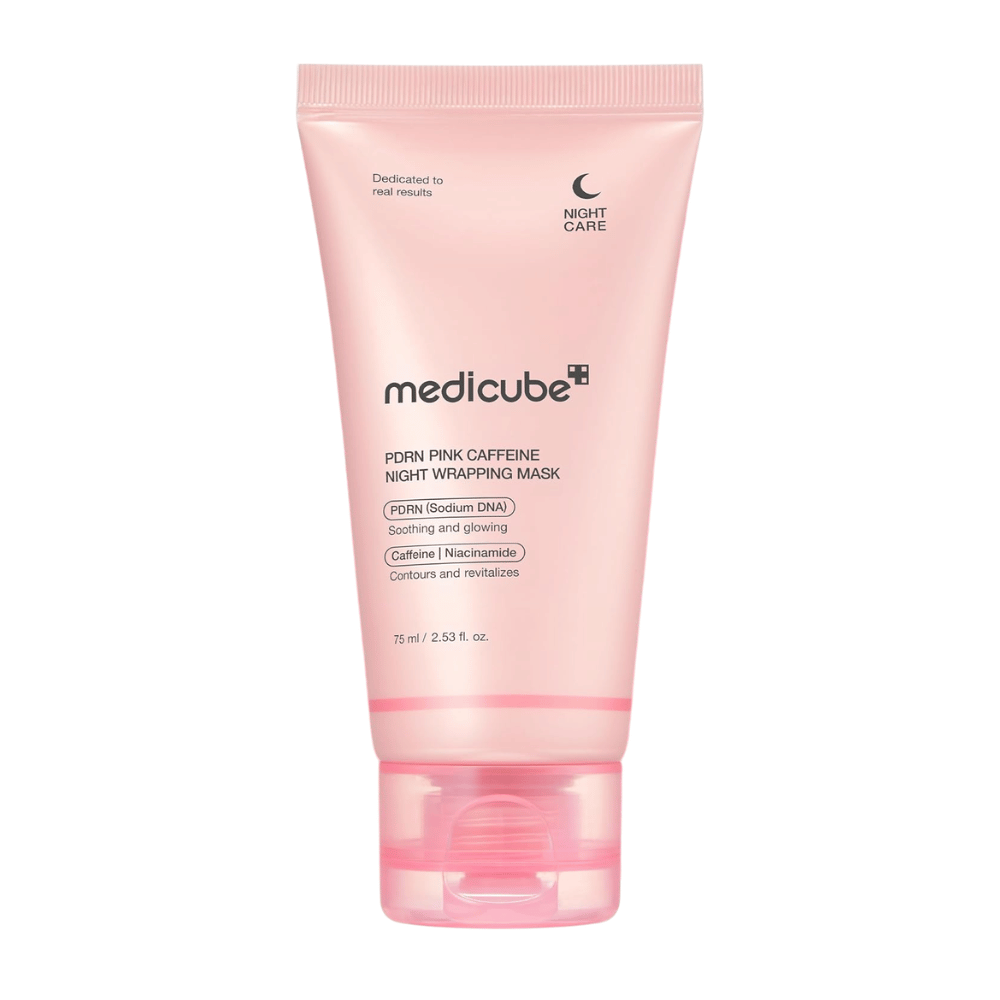 Medicube PDRN Pink Caffeine Night Wrapping Mask 75 ml – maschera notte coreana con PDRN, caffeina e niacinamide per luminosità e idratazione.