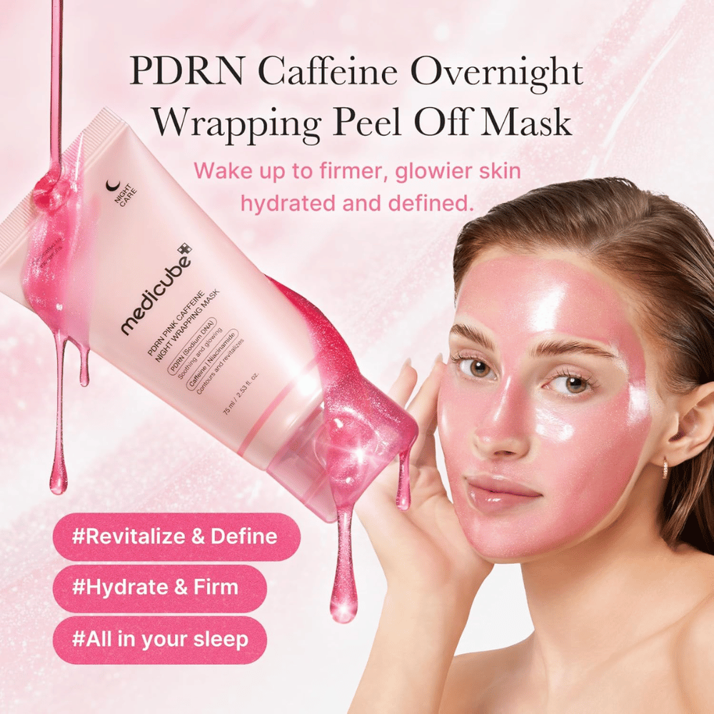 Medicube PDRN Pink Caffeine Night Wrapping Mask – maschera notte peel-off rosa con PDRN e caffeina per idratazione, luminosità e una sensazione di maggiore tonicità.