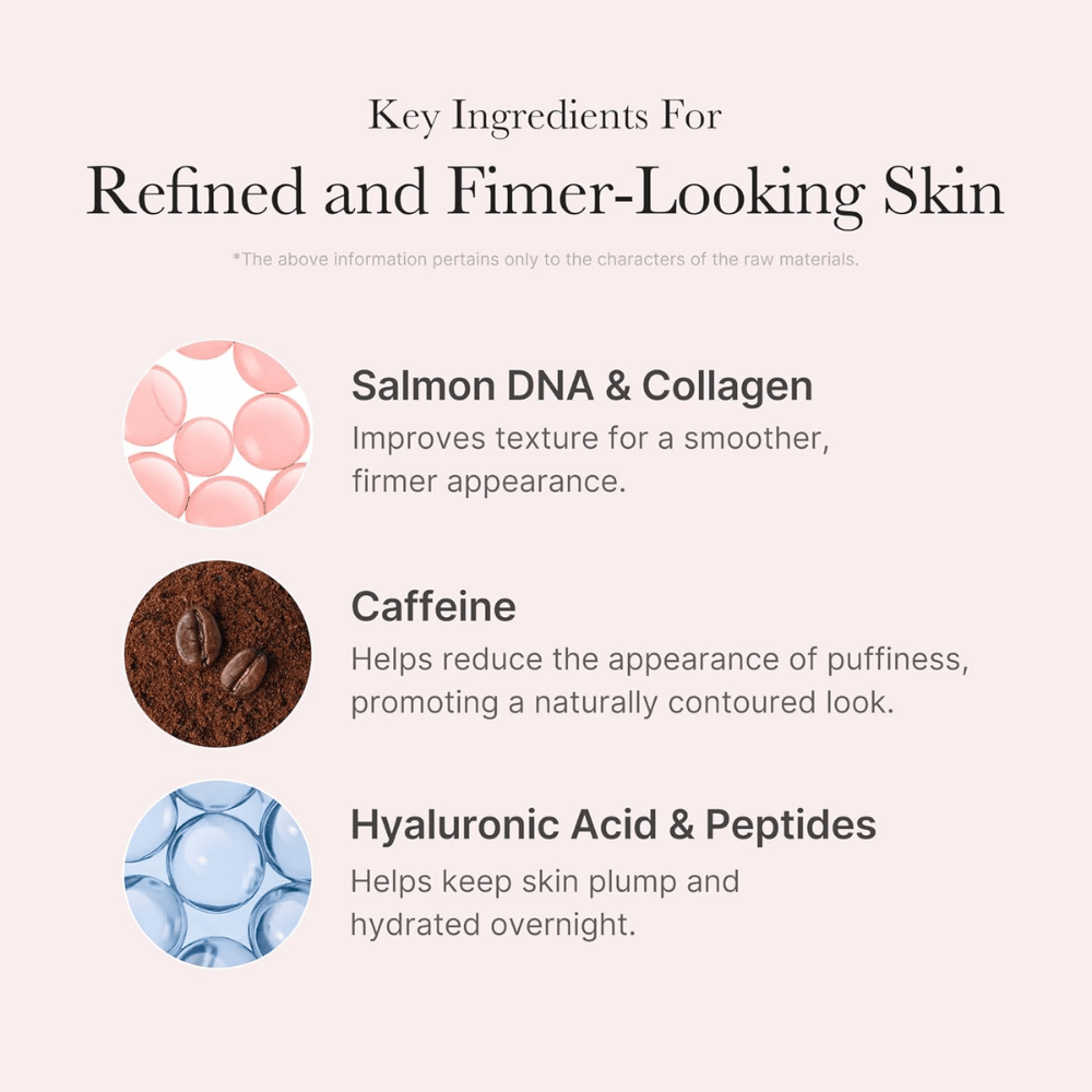 Medicube PDRN Pink Caffeine Night Wrapping Mask con PDRN, collagene, caffeina, acido ialuronico e peptidi per una pelle idratata e più tonica.