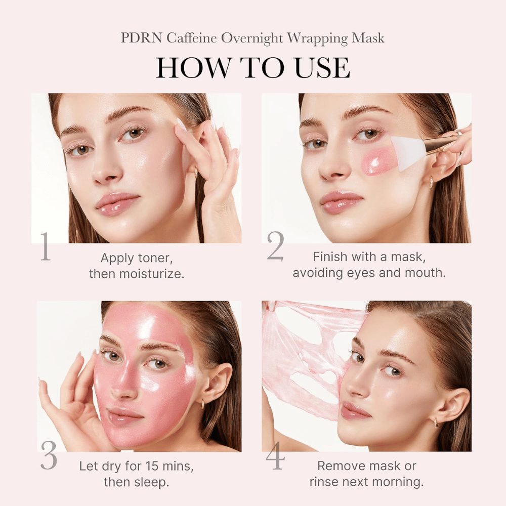Come usare Medicube PDRN Pink Caffeine Night Wrapping Mask – applicare la sera, lasciare asciugare e rimuovere la maschera al mattino.