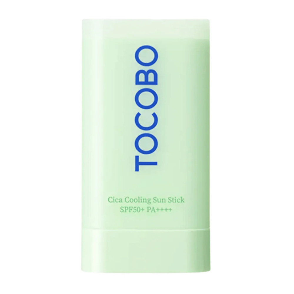 Tocobo Cica Cooling Sun Stick SPF50+ PA++++ in confezione verde menta con testo blu, mostrata su sfondo bianco.