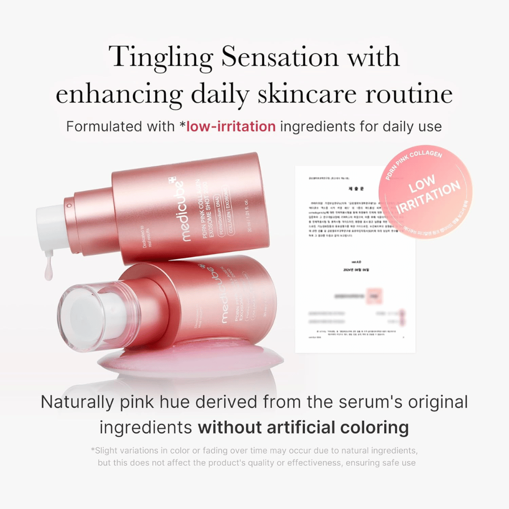 Medicube PDRN Pink Collagen Exosome Shot 2000 con informazioni sulla bassa irritazione. Il prodotto ha un colore rosa naturale dato dagli ingredienti ed è sviluppato per l'uso quotidiano con una sensazione delicata sulla pelle.