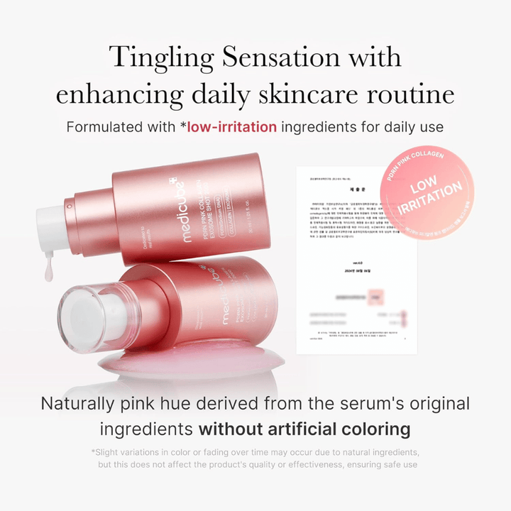 Medicube PDRN Pink Collagen Exosome Shot 2000 con informazioni sulla bassa irritazione. Il prodotto ha un colore rosa naturale dato dagli ingredienti ed è sviluppato per l'uso quotidiano con una sensazione delicata sulla pelle.