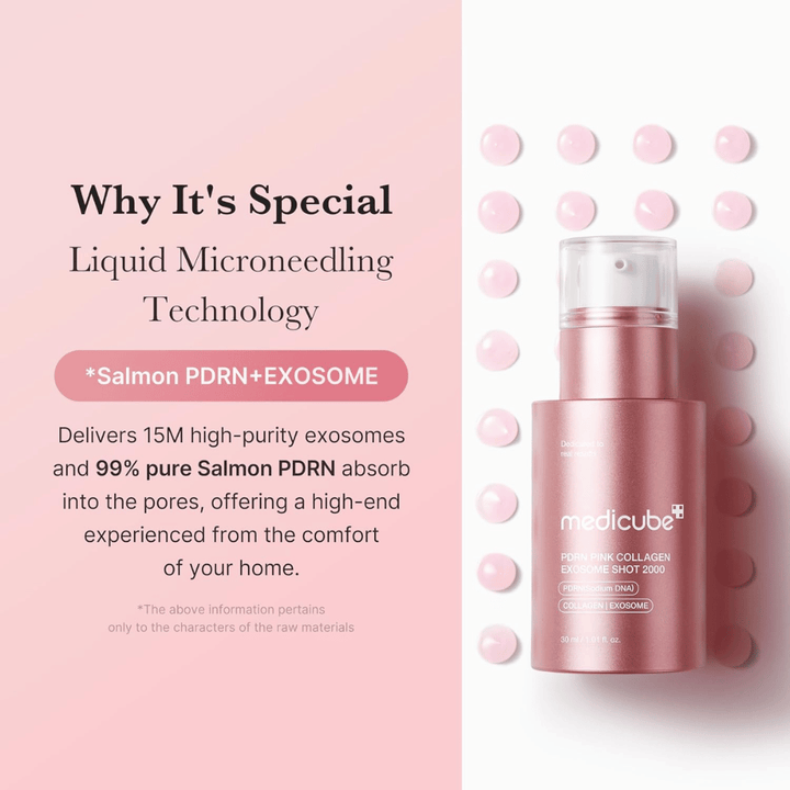 Medicube PDRN Pink Collagen Exosome Shot 2000 in flacone rosa. L'immagine mette in evidenza la tecnologia di microneedling liquido con esosomi e PDRN dal salmone per supportare la luminosità, l'elasticità e l'assorbimento della pelle.