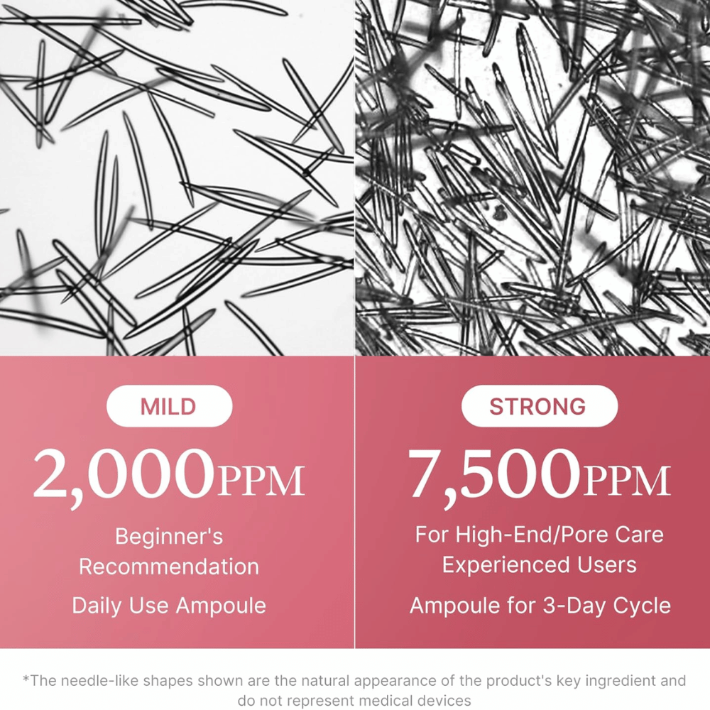 Confronto tra due concentrazioni di Medicube PDRN Pink Collagen Exosome Shot. L'immagine mostra 2.000 ppm per l'uso quotidiano e per i principianti, e 7.500 ppm per utenti esperti con focus sulla cura dei pori e sul trattamento intensivo della pelle.