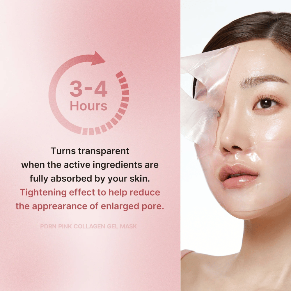 Medicube PDRN Pink Collagen Gel Mask con istruzioni per indossare la maschera per 3-4 ore fino a quando diventa trasparente. La maschera assorbe gli ingredienti attivi e rassoda la pelle per ridurre i pori visibili.
